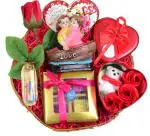 Valentine gift for boyfriend/girlfriend/wife/husband/lover-Beautiful Basket+ Chocolate box+artificial rose+Message Bottle+couple in a boat statue+3pc Roses and Teddy Bear in Heart Box+Greeting Card