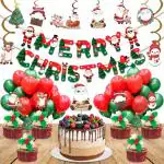 Festiko 49 Pcs Merry Christmas Combo Decoration (Banner,Swirls,Cake Topper,Cup Cake Toppers & Balloons)
