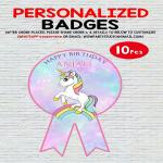 WoW Party Studio Personalized Unicorn Theme Party Happy Birthday Decorations Badges with Birthday Boy/Girl Name - 10Pcs