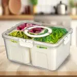 PRIME PICK Fridge Storage Boxes Fridge Organizer 3 Compartment with Removable Drain Basket Fridge Storage Containers Keeps Fruits, Vegetables, Meat, Fish Fresh Longer (3 Compartment)