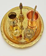 SHLINCO SHLINCO Astmanghal Brass Puja Thali Set, Religious Spiritual Item, Home Temple, Set Of 6 Items Brass, Copper (6 Pieces, Gold, Brown)