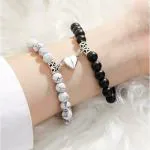 KK BROTHERS Stylish Couple Black & White Natural Stone Stretchable Wrist Band For Women Men Boys Girls Love Gifts Friendship Promise Bracelets(2pcs/set)