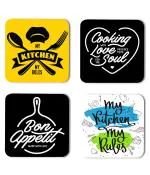 Whats Your Kick Food Lover My Kitchen My Rules Quotes Printed Set of 4 Coaster With Metal Stand