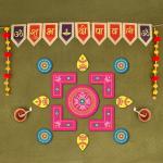 Indigifts Decoration Items for Diwali Banner and Rangoli|1 Banner, 13 Piece Wooden Rangoli|Rangoli: 12 x 12 Inches Banner|Material: Happy Diwali Banner: 400 GSM Paper