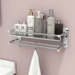 Plantex Stainless Steel Wall Mount 2 Tier Bathroom Shelf with Towel Holder and Towel Hooks (Chrome)