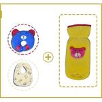 Teeny Weeny Combo of Cotton Baby Pillow/Head Shaping Neck Support Pilow, Waterproof Baby Cotton Bib & Velvet Baby Milk Bottle Cover (Blue + Yellow + Yellow)
