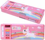 Toyshine Multi Compartment Button Operated Unicorn Pencil Box, with Pen Stand in-Built | Push Button Enabled Storages and Sharpener for Kids - Pink