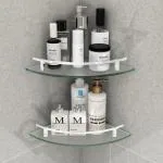 Plantex Heavy Duty Glass Corner Shelf for Bathroom/Kitchen/Living Room Wall Mount Shelf with Silver Railings and Wall Brackets (9x9 Inches, Pack of 2 - Frosted)