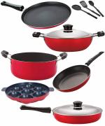 Nirlon Red Aluminium Non-Stick Cookware Set 7 pcs (FT13 -DKD(B) -TP-AP(7) -Cass20-FP12-3SPN)