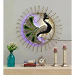 Antaryuga Home And Bazaar Multicolor08 Wrought Iron Rajasthani Ethnic Hand Craft Sun Peacock With Mosaic And Led Wall Decor High Gloss Showpiece, 32 X 2 X 32 Inch