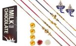 Feastive Celebrations 5 Designer Rakhis With Amul Milk Chocolate, Pair Of Soan, Pooja Rakhi, Kesar And Chawal (Set Of 11)