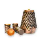 ROYALSTUFFS Pure Copper Water Dispenser Pot Container Matka Dimond Shape Design with 4 Copper Glass for Water Purpose at Home and Offices Volume-5 L (Pack of 1 Pot+4 Glass)