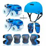 Jaspo Marshall illumi Premium Skating kit Adjustable Quad Roller Skates for Kids 6-14 Years with LED PU Wheels and Superior Protective Gear Combo,(Blue)