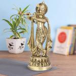 ARTVARKO Home Decor Brass Krishna Idol Statue Playing Flute for Puja Mandir Krishna Murti - 10 inch