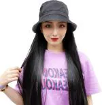 Clixfox Women and Girls Black Fiber Straight Hair Extension with Hat 26 inch