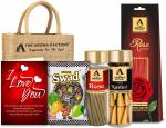 The Aroma Factory I Love You Gift Hamper Set (Swad Mix 25 Candy,Rose Dhoopbatti, Kasturi Dhoopcone,Rose 30 Sticks Agarbatti Packets, Greeting Card, Jute Bag) Gift Item