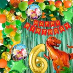 House of Banter Scary Dinosaur Theme 6th Birthday Party Decoration-53Pcs Combo 40pc Multicolor Balloons, 4pc Confetti Balloons, 1 Scary Dinosaur Foil Balloons set of 5, 1 Happy Birthday Banner, 2pc Green curtains, No.6 Foil Balloon (6th Birthday)
