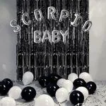 SPECIALYOU.IN Scorpio Zodiac Sign Birthday Party Decoration Items for Scorpios includes Scorpio Baby Foil Balloon with Black and White Balloons, Black Fringe Curtains and Double sided tape - Pack of 34