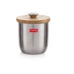HAZEL Round Stainless Steel Jar Storage Canister Container With Wooden Lid & Knob, 1325 ML, Silver