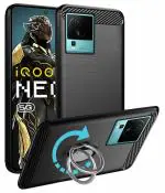 Unistuff Back Case Cover for iQOO Neo 7 5G with Magnetic Kickstand | Premium Matte Finish | Camera Bump Protection | Rubberized Ring Cover - Night Black, 78212