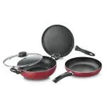 Prestige Omega Deluxe Plus BYK Set of 3(Omni Tawa 25 cm- 1U, Fry Pan 24 cm/1.7L -1 U & Kadai with Glass Lid 24 cm/2.4 L-1U, Black and Red)