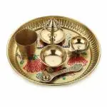 DOKCHAN Traditional Handcrafted Brass Puja Thali Aarti Bartan Plate Set of 6 Piece for Mandir Pooja Room Home Temple 7 Inch Round Golden