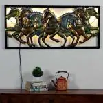 Antaryuga Multicolor16 Metal 7 Running Horse In Frame Vastu Wall Art With Led Light Decorative Wall Art, 101 X 8 X 36 cm