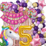 House of Banter Unicorn Theme Birthday Decoration Combo of 69pc for Girls / 1st Birthday - 60 Balloons,2 Rose Gold Curtains,5th Birthday Celebration ( Unicorn Birthday Decorations for Girls / First Birthday )