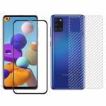Kite Digital Samsung A21S Back Screen Protective Film Carbon Fiber Skin Transparent Screen Guard Sticker + 5D/6D/11D/21D (Black) Premium Tempered Glass Screen Protector
