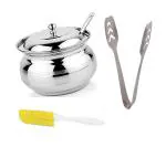 Stainless Steel Ghee Dani or Ghee Pot With Aluminium Khallad Masher | okhli and musal/Kitchen Masher, for Kitchen Imam dasta and Multicolour, Pack of 2