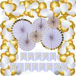 Toyshine Paper Multicolor Wall Decor Fans With White Balloons With Golden Balloons With Happy Birthday Banner With Tape 58 Pcs (Pack Of 1)