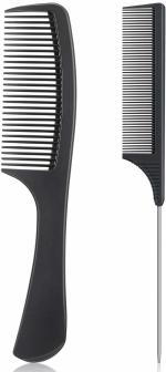 Xester Black Plastic Round Handle Comb Detangling Comb Wet Hair Comb And Rat Tail Comb Skewer Duck Heat Resistant Comb (Pack Of 2)