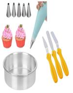 Wofier Baking Aluminium Round Shape Cake Baking Mould, Cake Icing Spatula Knife And Stainless Steel Cake Decorating Nozzle With Piping Bag - Pack Of 6