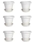 JOREN Combo of 6 WHITE 8 Inch Plastic Flower Pots With Tray | Small Planter | Decorative Gamla | Nursery Plant Container | Balcony Plant Container for Indoor & Outdoor Gardening Needs