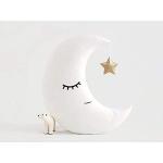 The Purple Tree Crecent Moon Cushion with Hanging Star For Kids and Baby (White and Gold , Pack of 1 ) , Crib Cushion , Cuddle Cushion For Babies , Baby Cot Cushions.