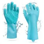 ADA Heavy Duty Magic Silicone Gloves Cleaning Gloves for Dishes, Dishwashing Gloves With Scrubbers, Dish Gloves for Kitchen, Car Washing gloves, Pet Grooming Latex Free Gloves Sky Blue - 1 Pair