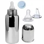 PGD Plain Silver Stainless Steel Baby Feeding Bottle with Plastic Travel Cap, Anti Colic Silicone Sipper and Nipple (0-24 months) - 220 ml