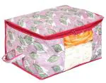 Kuber Industries Metalic Leafy Print Non Woven Underbed Storage Bag with Transparent Window (Pink)