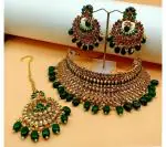 Gyaan Jewels Handmade Shop Global Gold Plated Alloy Necklace, Earring and Maang Tikka Set Green (Women) Free Size