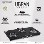 SAFELINE PLUS ISI Certified Urban Series Matt Finish Top Toughened Glass Manual Gas Stove (3 Aluminium Burners )