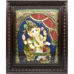 pujaNpujari Lord Ganapati Tanjore Paintings 22 Carat Gold Foil Photo Frame for Pooja Room Natural Colors 15 inch x 18 inch Painting (With Frame)