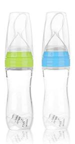 Chinmay Kids 120 ml Rice & Cereal Feeding Bottle for Baby with Buit-in Squeezy Silicone Spoon Feeder & Hygine Cover (Blue+Green)