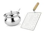 BLUE WONDER Stainless Steel Multipurpose Ghee Pot/Pickle Container with Spoon With Wooden Roasted Jali Round and (Multicolour, Pack of 2)
