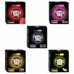 NottyBoy 3in1, Ribbed, 1500 Extra Dots, Long Time | Strawberry & Banana Flavour Condoms - 15 Pieces