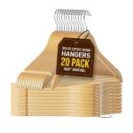 ROCKFIELD Tough Long Lasting Lifemaster Solid Maple Wooden Clothes Hangers - Pack of 20 Natural Wood Hangers with Rotating Swivel Hooks and Built-in Notches to Organize Jackets, Shirts, and Pants