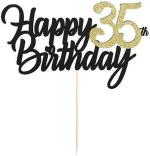 Festiko Happy 35th Birthday Cake Topper, Glitter Card In Black, Gold For Cake Decoration, Birthday, Anniversary, Engagement, Graduation