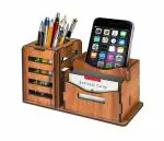 PIYUMART 3 in 1 Pen Stand with Visiting Card & Mobile Holder Multipurpose Wooden Desk Organizer Pen and Pencil Stand for Office Table with Business Card Holder Box and Mobile Stand