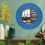 Timberly Sapphire Blue Engineered Wood Handcrafted Round Wall Mirror Hanging With Wall Panel, 20 X 20 Inch