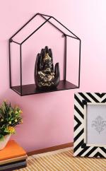 Home Sparkle Black Metal Hut Home Pentagon Design Wall Mounted Floating Shelves 27X12.5X30.5 cm
