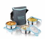 Naalsa Diamond Blue Stainless Steel Lunch Box 350 ml (3 pcs) with Bag